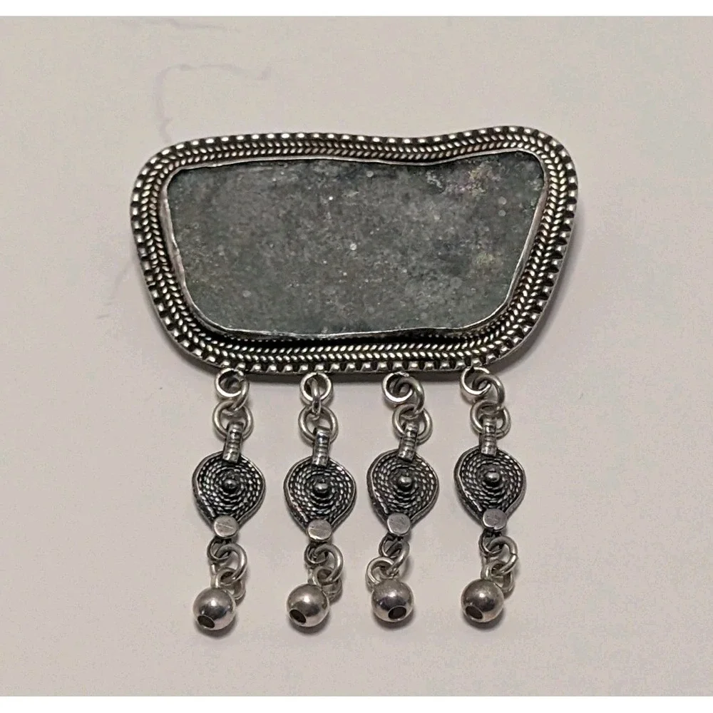 Vtg Israeli Sterling Silver 925‎ Brooch Pin Eliat stone Or Roman Glass Yemenite